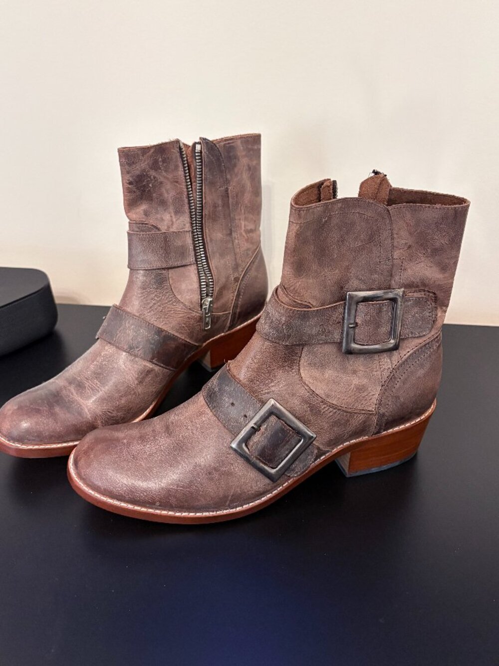 Cordani Distressed Leather Moto Buckle Zip Boots - Made in Italy